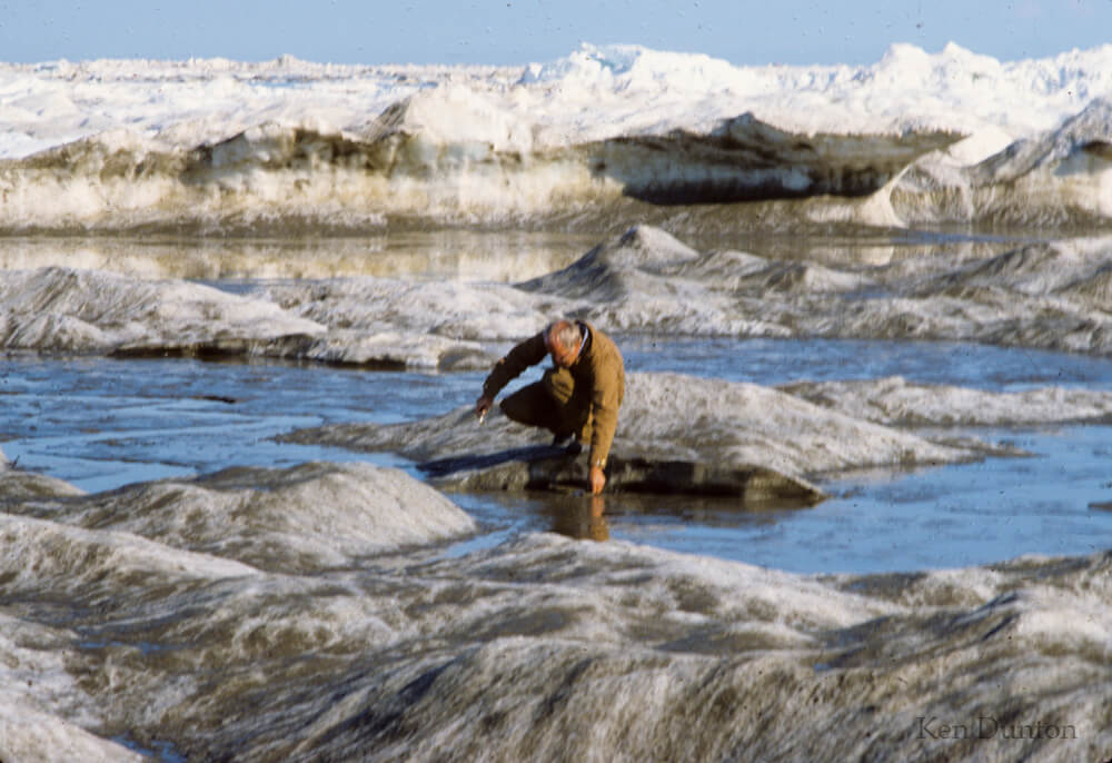 Erk Reimnitz examining dirty ice in Stefansson Sound, 1979
